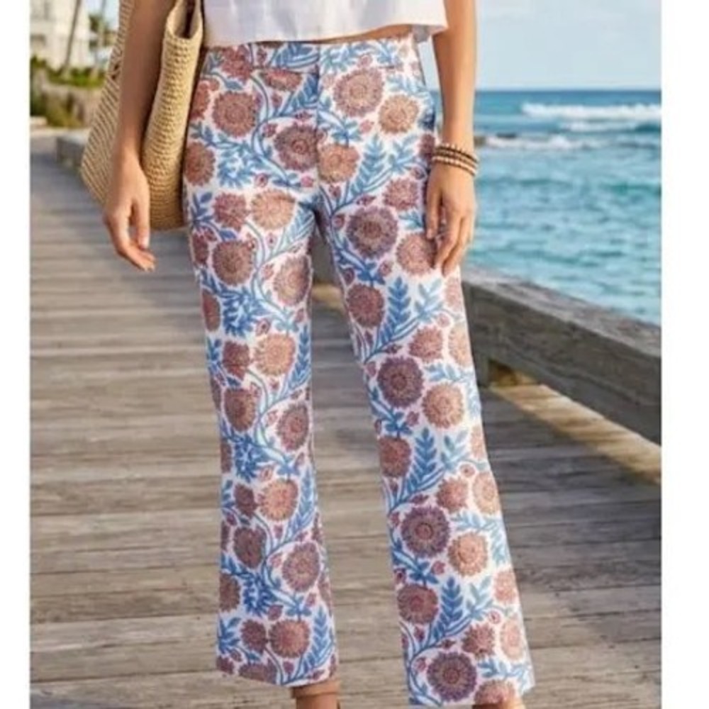 J.Crew Womens Floral Block Print Cropped Flare Pants Blue Pink Size 10